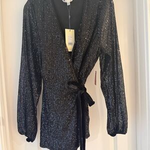 Black Sequin Wrap top with velvet tie